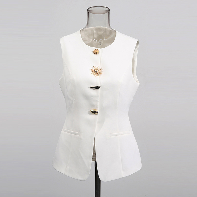 Women Formal Wear Vest - White O-neck Vest Golden Special Button