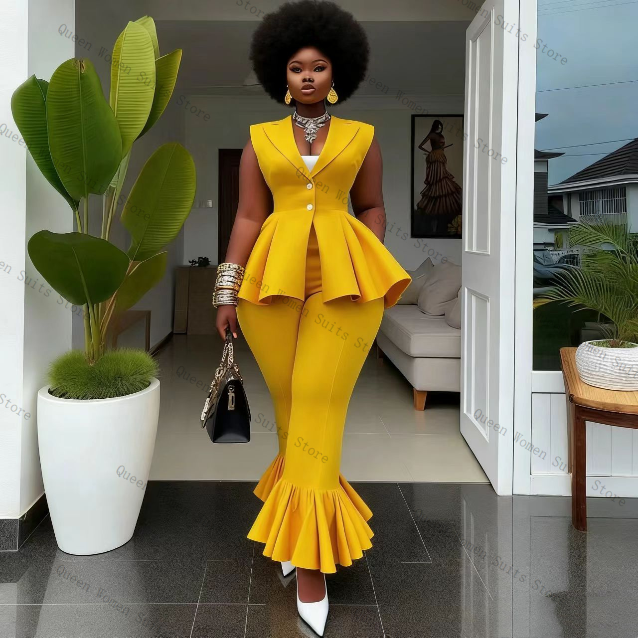 Yellow Women Suit Pants Set 2  - Women Formal Wear Vest ulasan dan harga