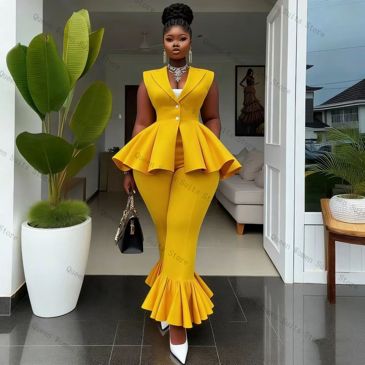 Yellow Women Suit Pants Set 2  - Women Formal Wear Vest ulasan dan harga