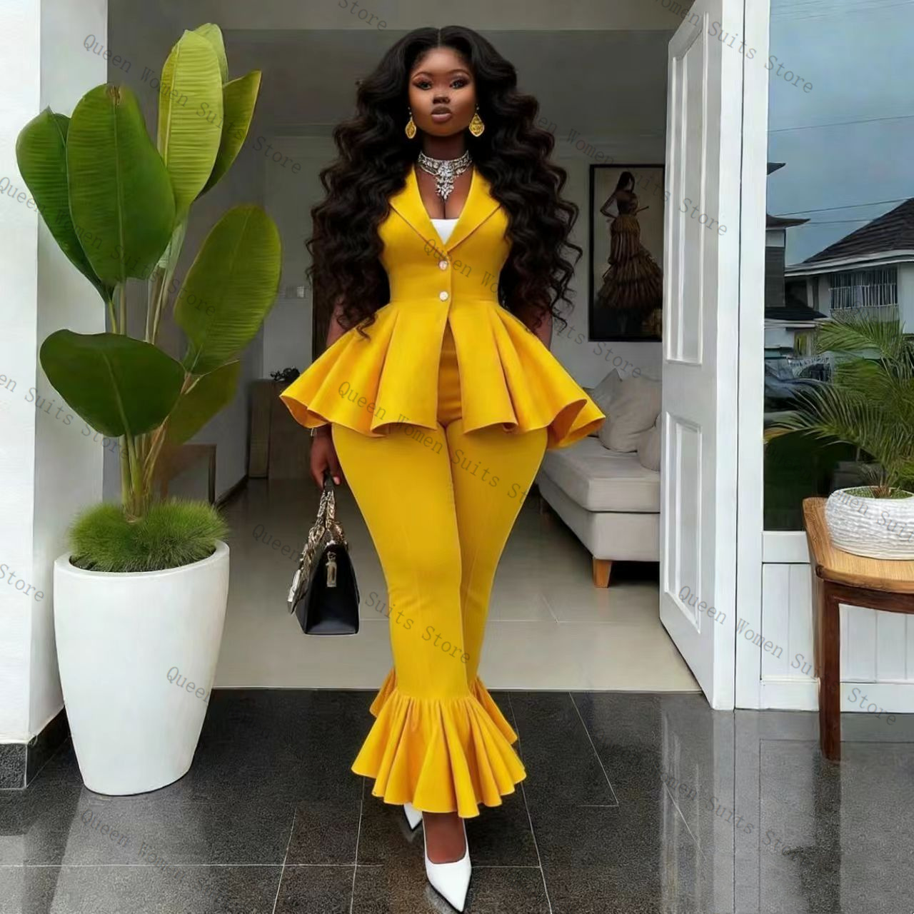 Yellow Women Suit Pants Set 2  - Women Formal Wear Vest ulasan dan harga