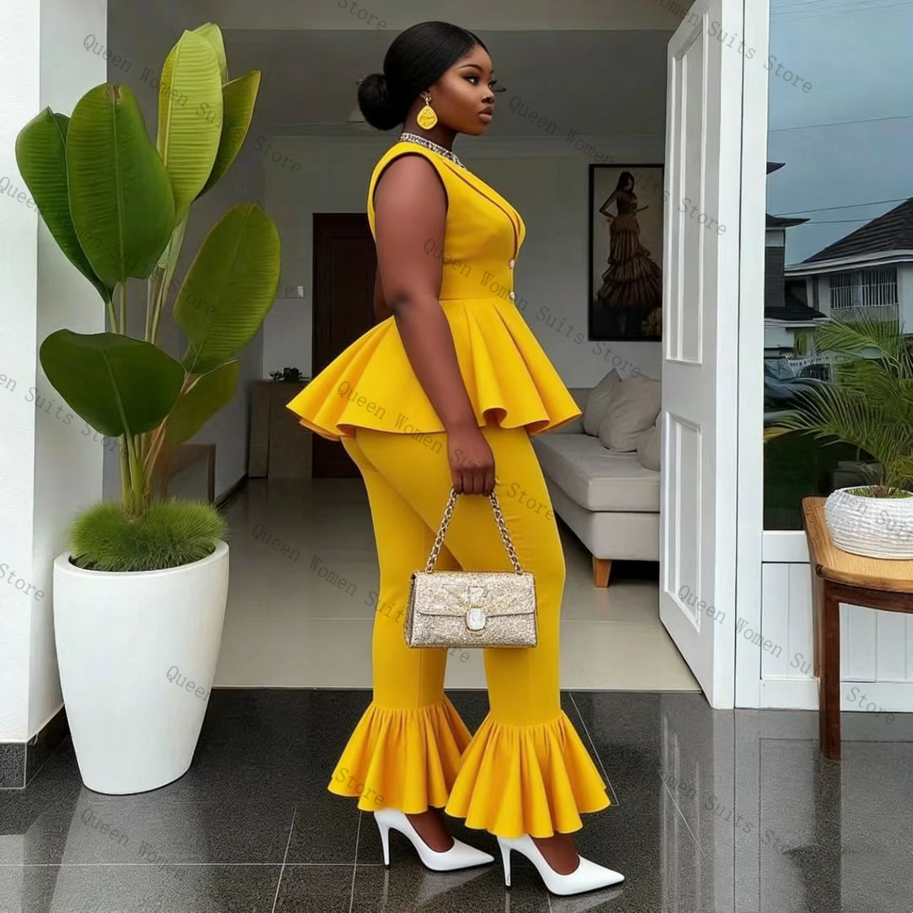 Yellow Women Suit Pants Set 2  - Women Formal Wear Vest ulasan dan harga
