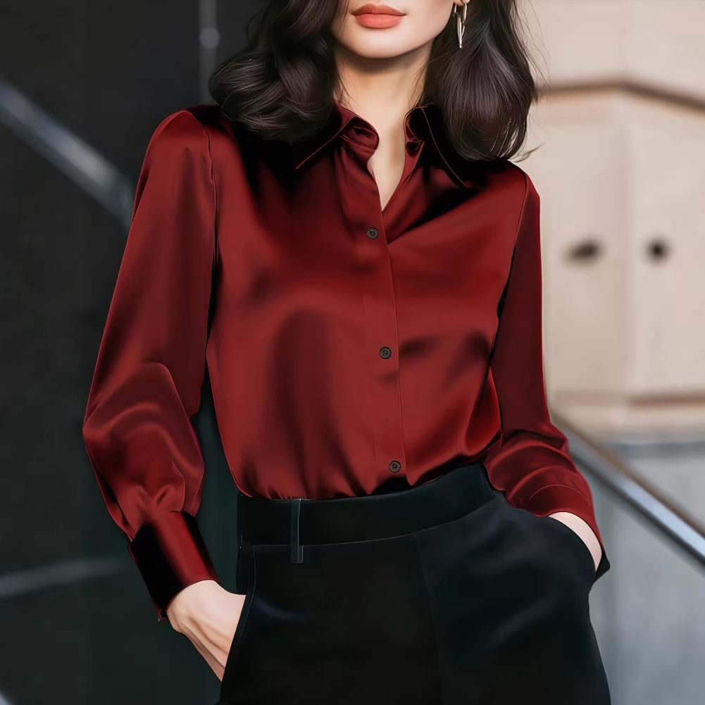 Women Satin Lapel Collar Blous - Women Formal Wear Office ulasan dan harga