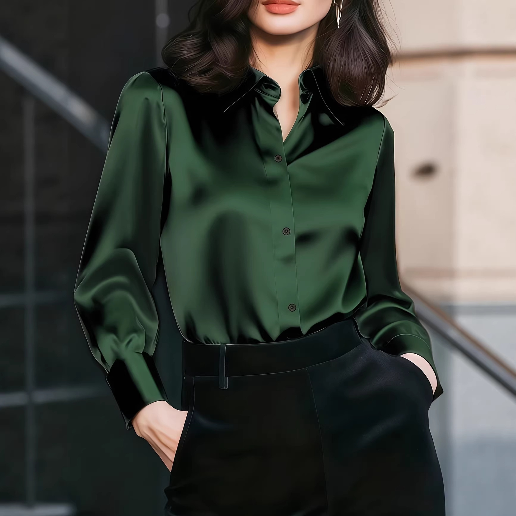 Women Satin Lapel Collar Blous - Women Formal Wear Office ulasan dan harga